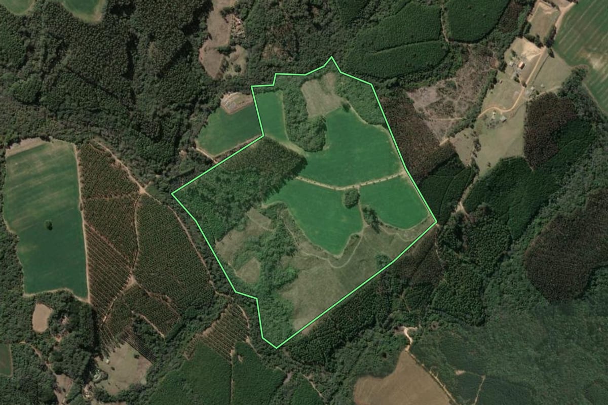 Imagem de satélite do imóvel rural em Tibagi (PR), com o contorno declarado no CAR desenhado por cima.