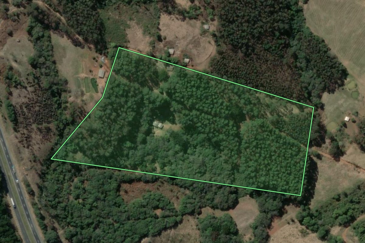 Imagem de satélite do imóvel rural em Tibagi (PR), com o contorno declarado no CAR desenhado por cima.
