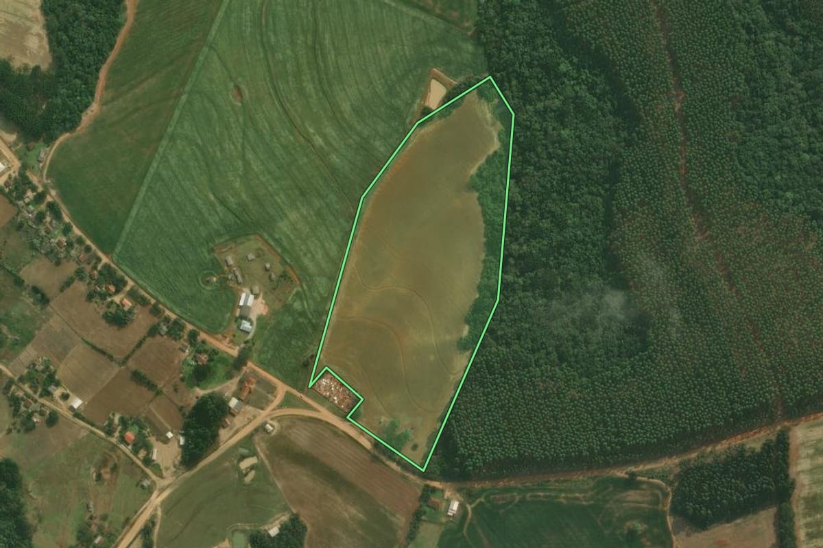 Imagem de satélite do imóvel rural em Tibagi (PR), com o contorno declarado no CAR desenhado por cima.