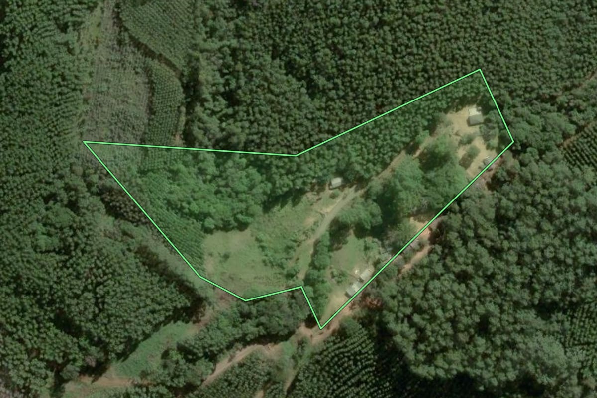 Imagem de satélite do imóvel rural em Tibagi (PR), com o contorno declarado no CAR desenhado por cima.