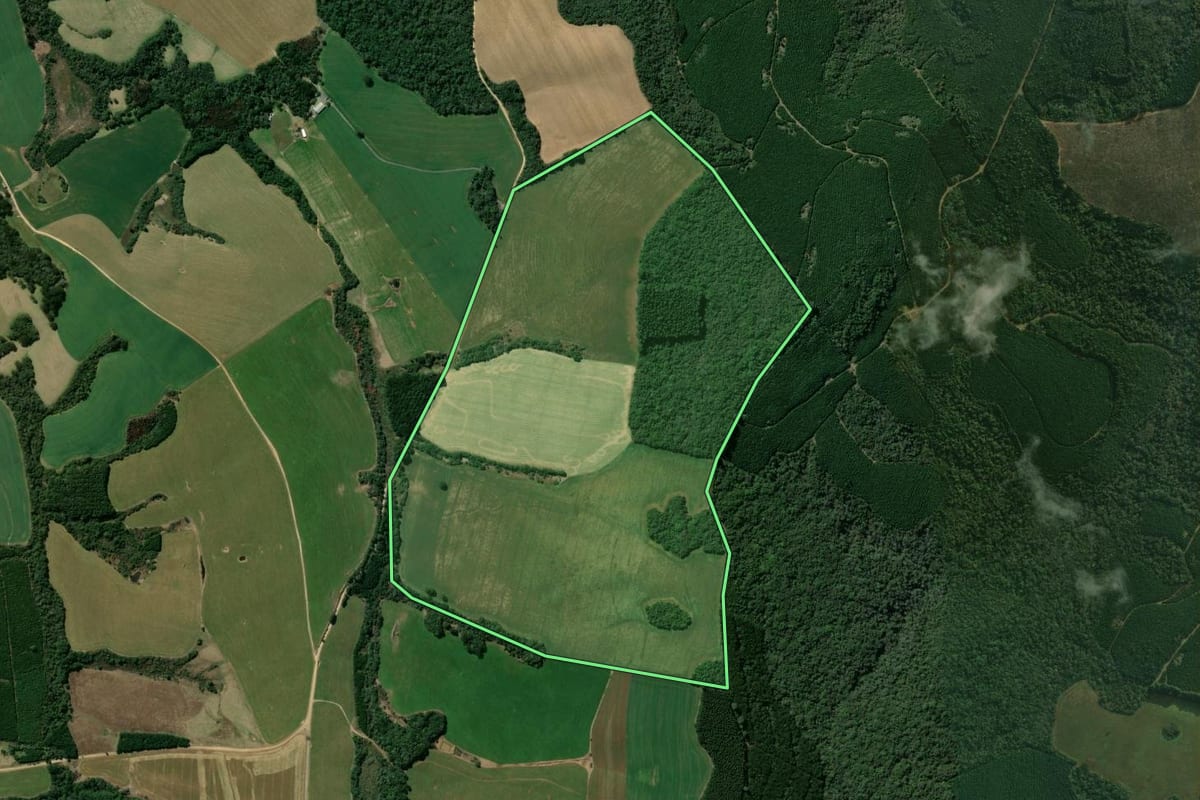 Imagem de satélite do imóvel rural em Tibagi (PR), com o contorno declarado no CAR desenhado por cima.
