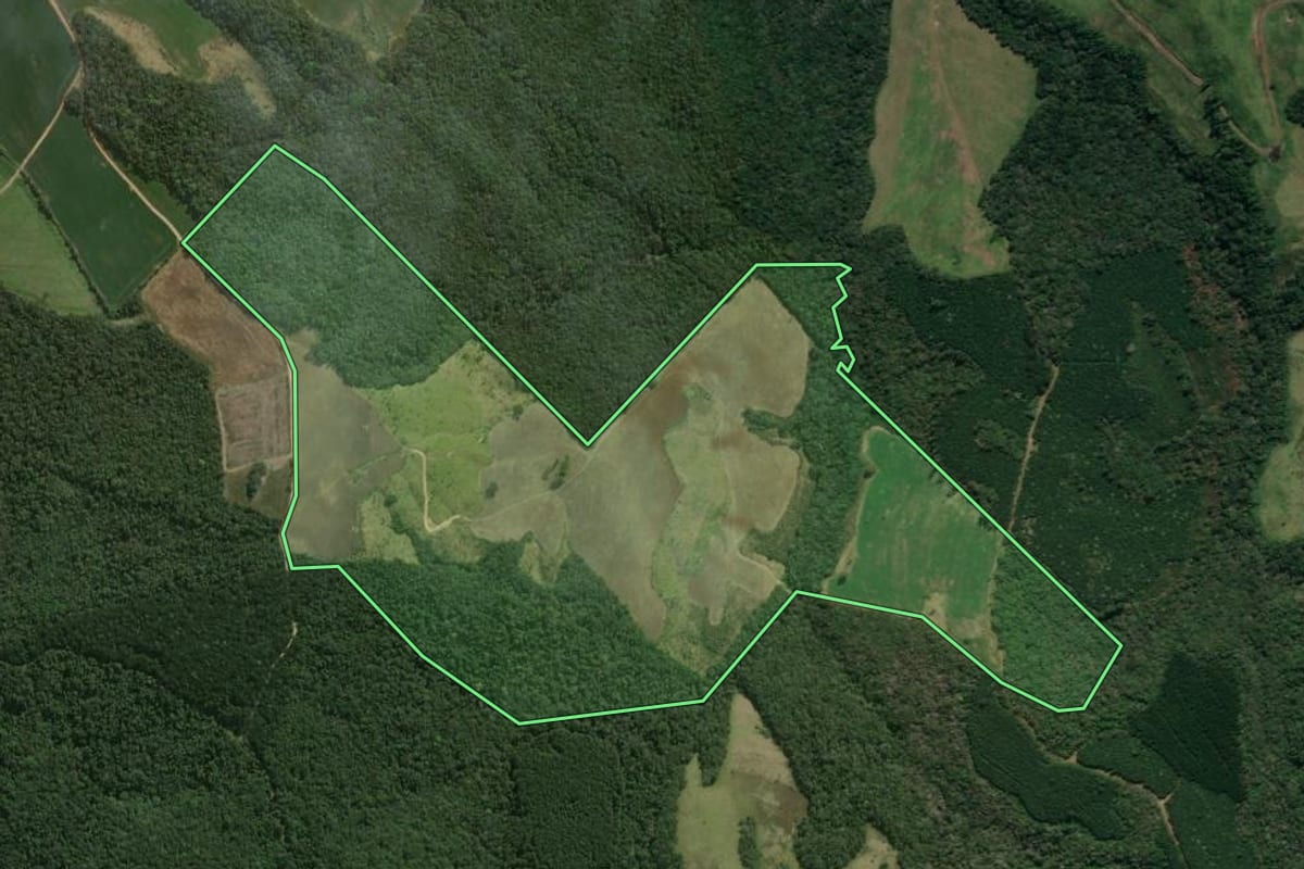 Imagem de satélite do imóvel rural em Tibagi (PR), com o contorno declarado no CAR desenhado por cima.