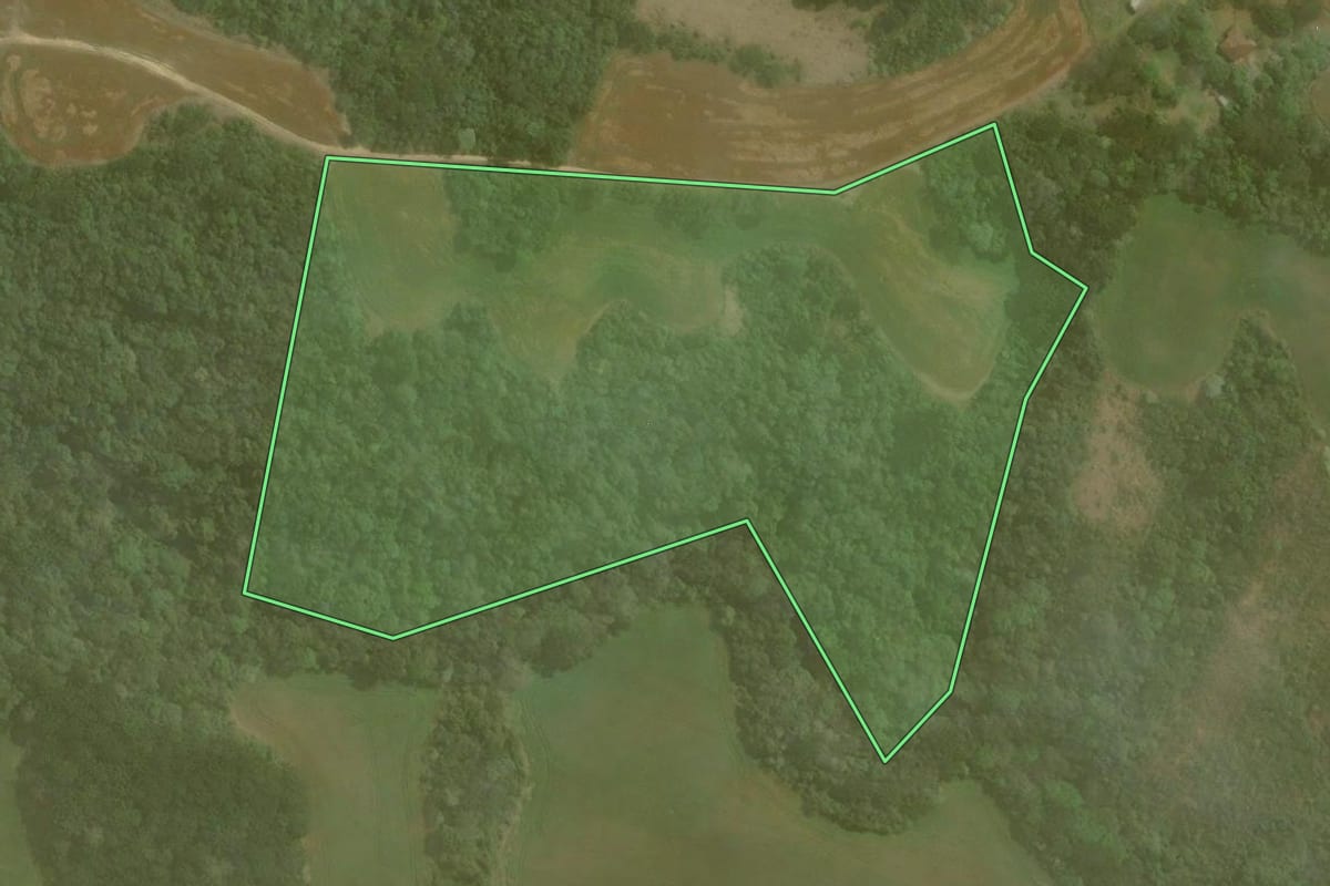 Imagem de satélite do imóvel rural em Tibagi (PR), com o contorno declarado no CAR desenhado por cima.