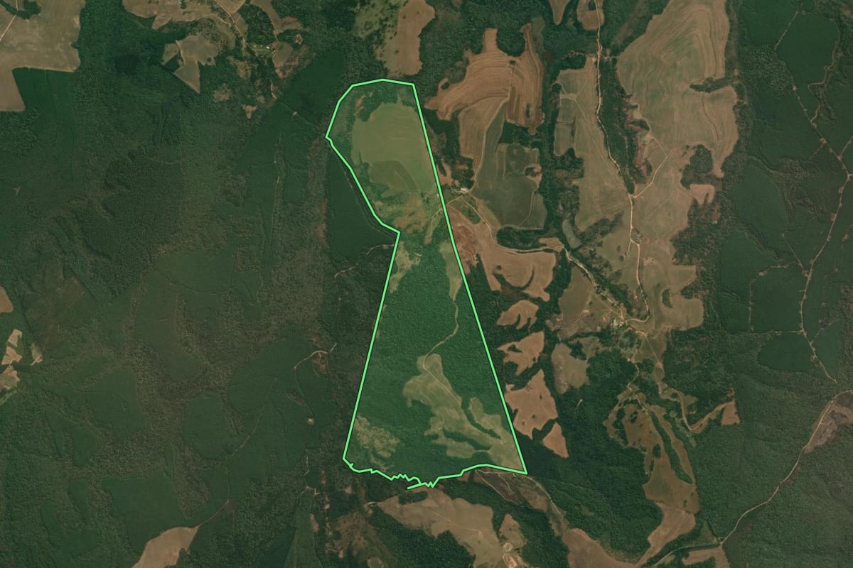 Imagem de satélite do imóvel rural em Tibagi (PR), com o contorno declarado no CAR desenhado por cima.