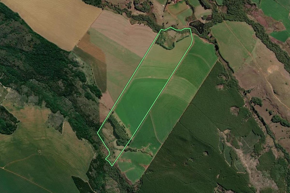 Imagem de satélite do imóvel rural em Tibagi (PR), com o contorno declarado no CAR desenhado por cima.