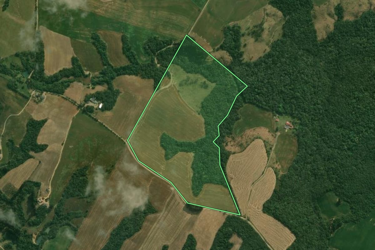 Imagem de satélite do imóvel rural em Tibagi (PR), com o contorno declarado no CAR desenhado por cima.