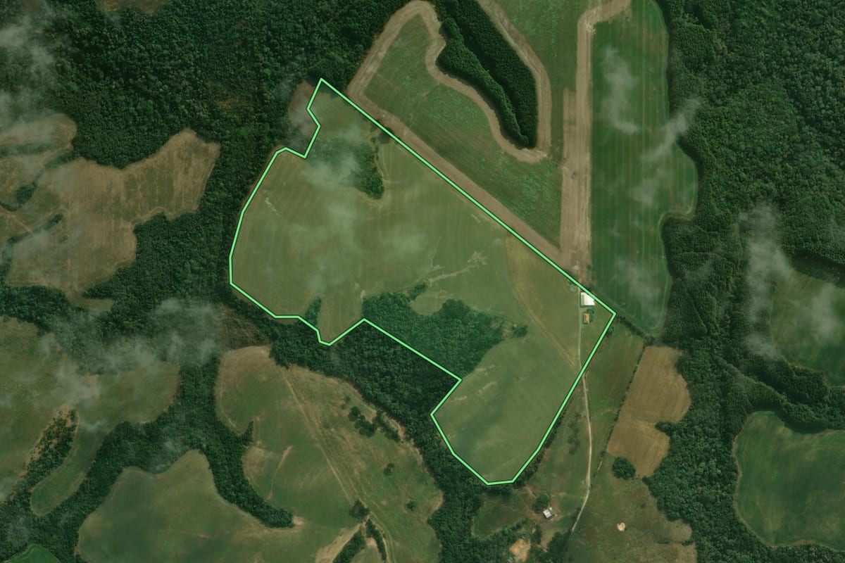 Imagem de satélite do imóvel rural em Tibagi (PR), com o contorno declarado no CAR desenhado por cima.