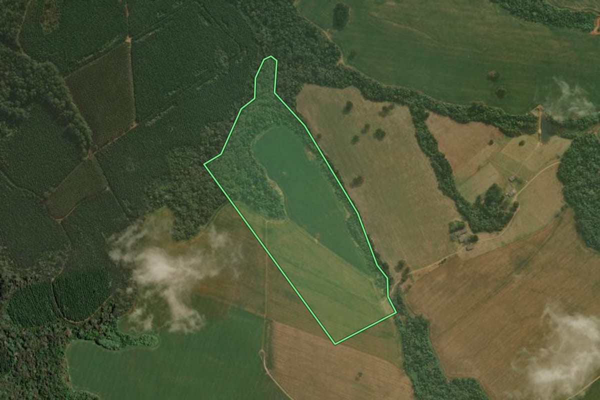 Imagem de satélite do imóvel rural em Tibagi (PR), com o contorno declarado no CAR desenhado por cima.