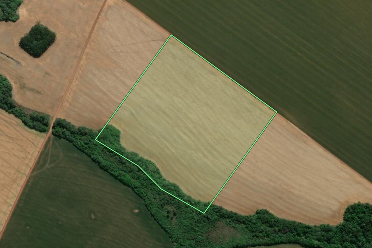Imagem de satélite do imóvel rural em Tibagi (PR), com o contorno declarado no CAR desenhado por cima.