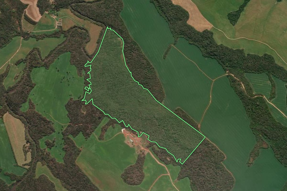 Imagem de satélite do imóvel rural em Tibagi (PR), com o contorno declarado no CAR desenhado por cima.