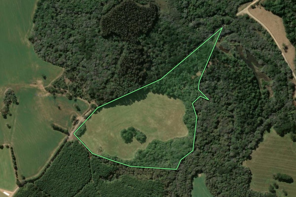 Imagem de satélite do imóvel rural em Tibagi (PR), com o contorno declarado no CAR desenhado por cima.