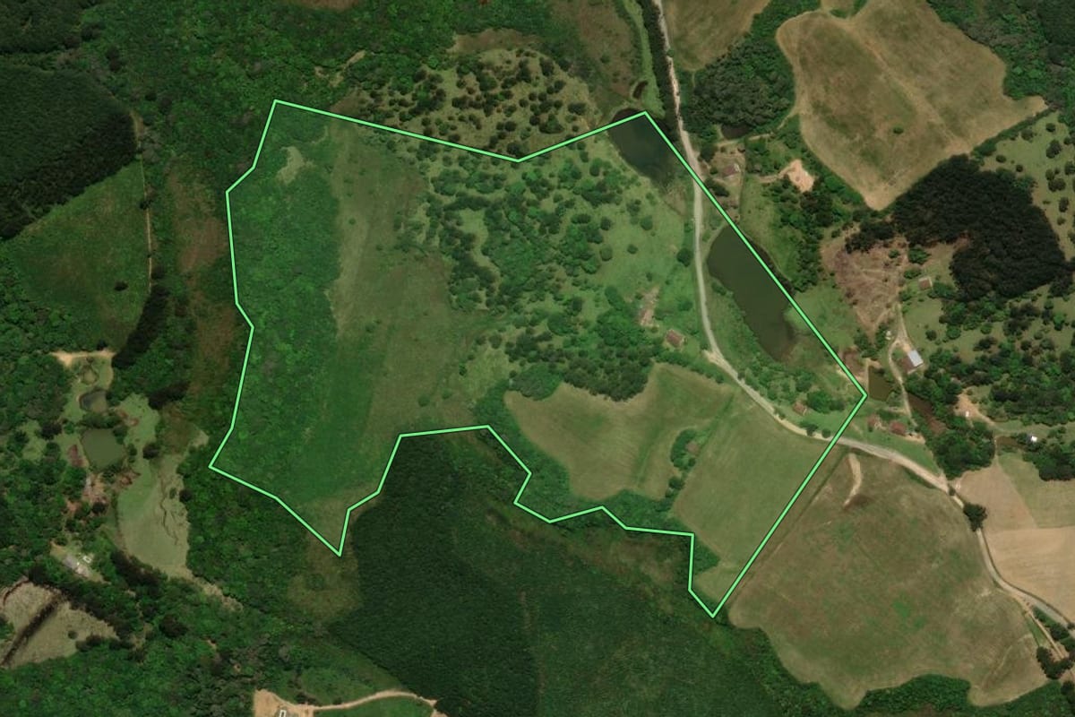 Imagem de satélite do imóvel rural em Tijucas do Sul (PR), com o contorno declarado no CAR desenhado por cima.