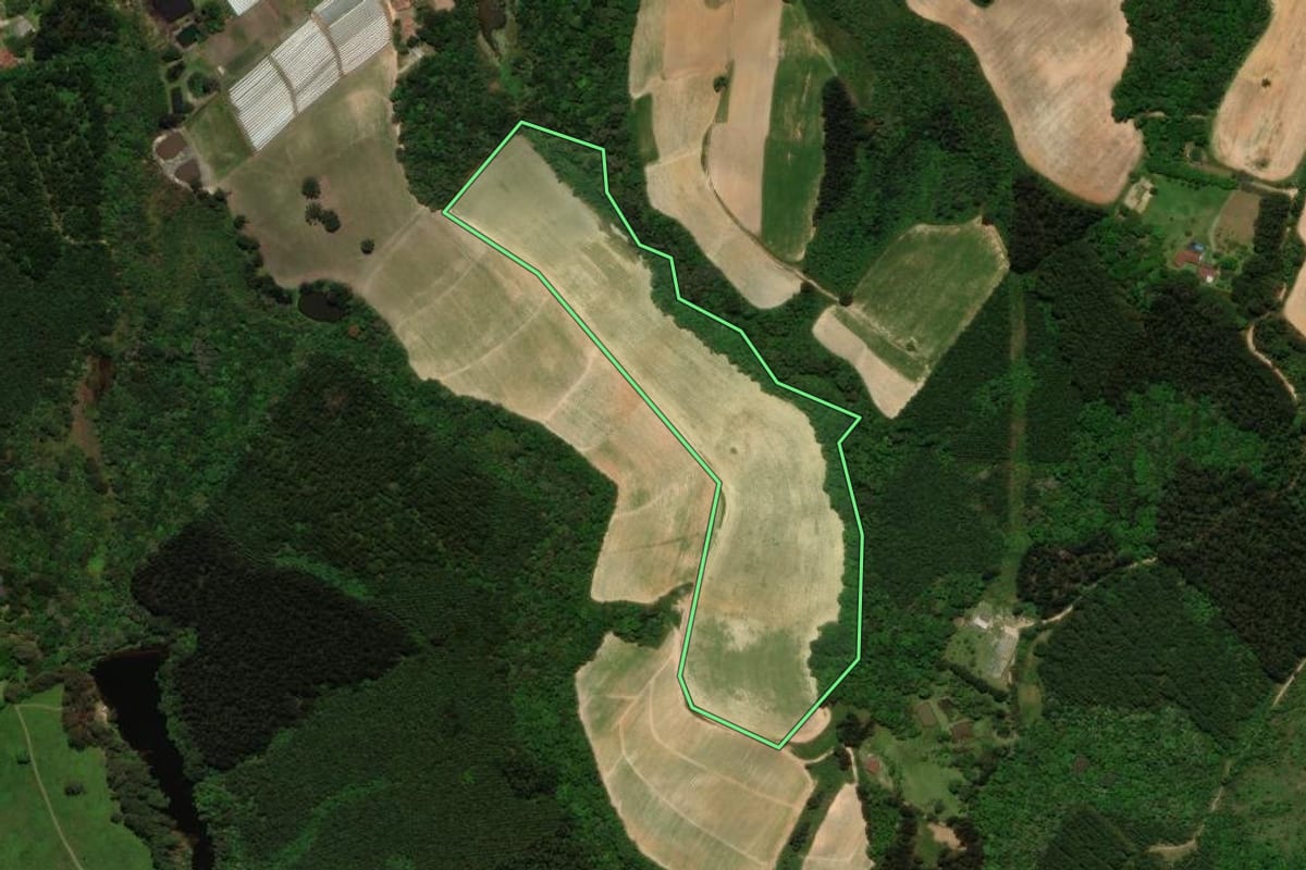 Imagem de satélite do imóvel rural em Tijucas do Sul (PR), com o contorno declarado no CAR desenhado por cima.