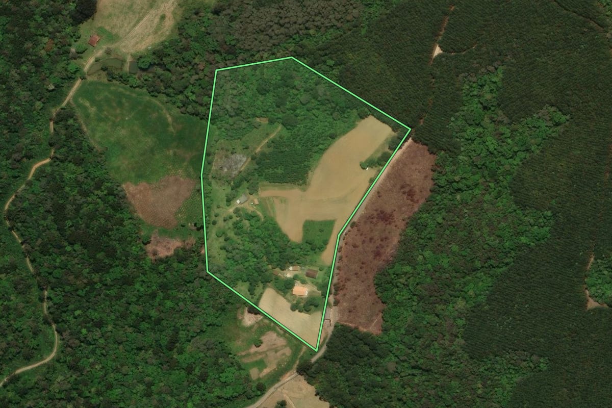 Imagem de satélite do imóvel rural em Tijucas do Sul (PR), com o contorno declarado no CAR desenhado por cima.