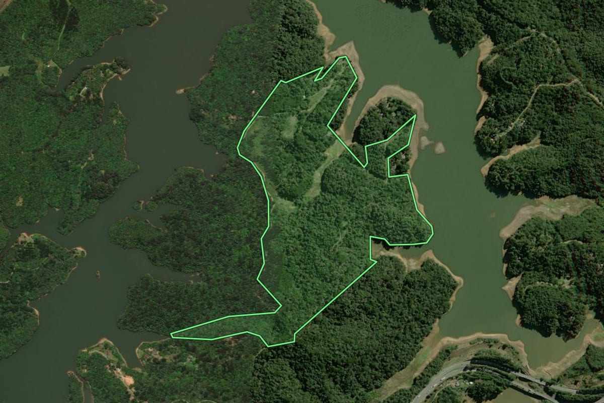 Imagem de satélite do imóvel rural em Tijucas do Sul (PR), com o contorno declarado no CAR desenhado por cima.