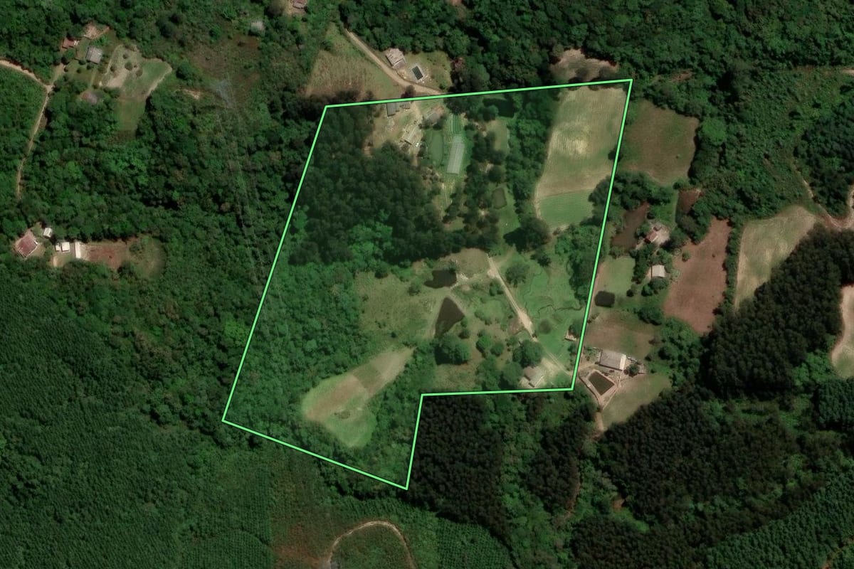 Imagem de satélite do imóvel rural em Tijucas do Sul (PR), com o contorno declarado no CAR desenhado por cima.