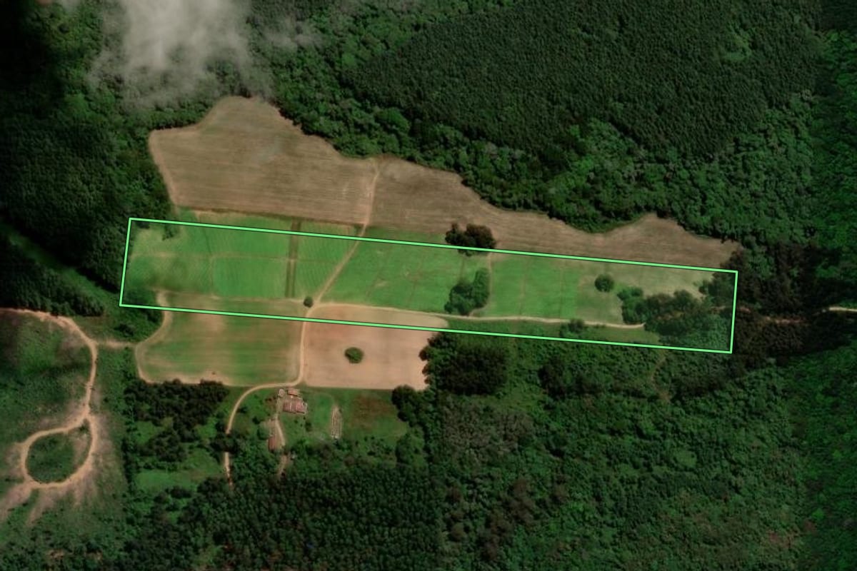 Imagem de satélite do imóvel rural em Tijucas do Sul (PR), com o contorno declarado no CAR desenhado por cima.