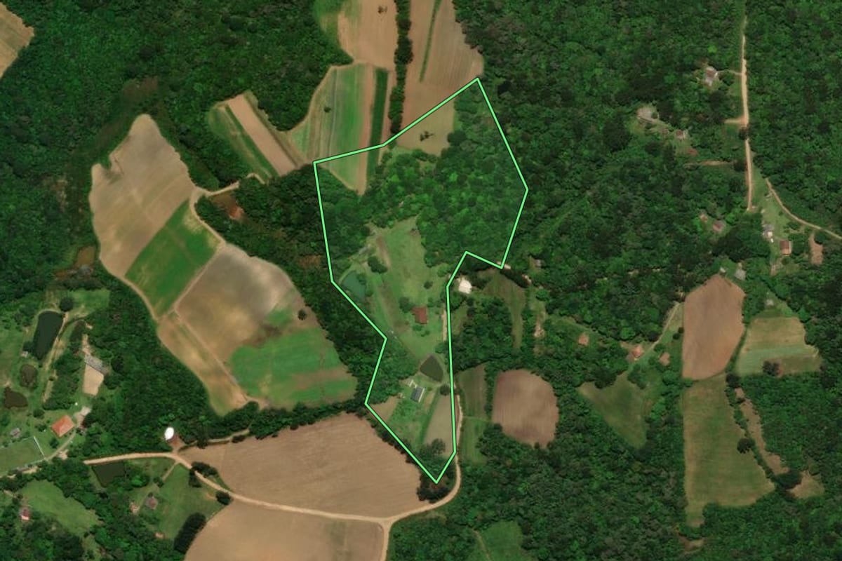 Imagem de satélite do imóvel rural em Tijucas do Sul (PR), com o contorno declarado no CAR desenhado por cima.