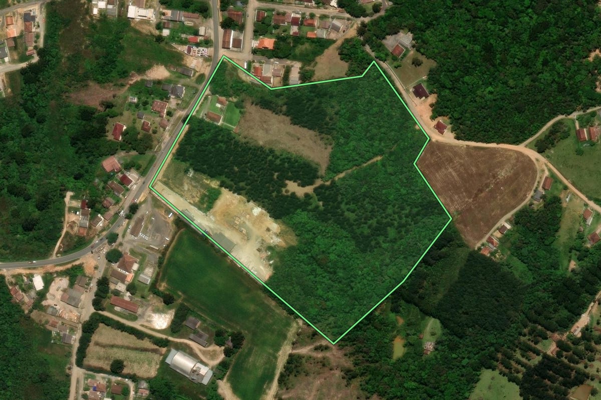 Imagem de satélite do imóvel rural em Tijucas do Sul (PR), com o contorno declarado no CAR desenhado por cima.
