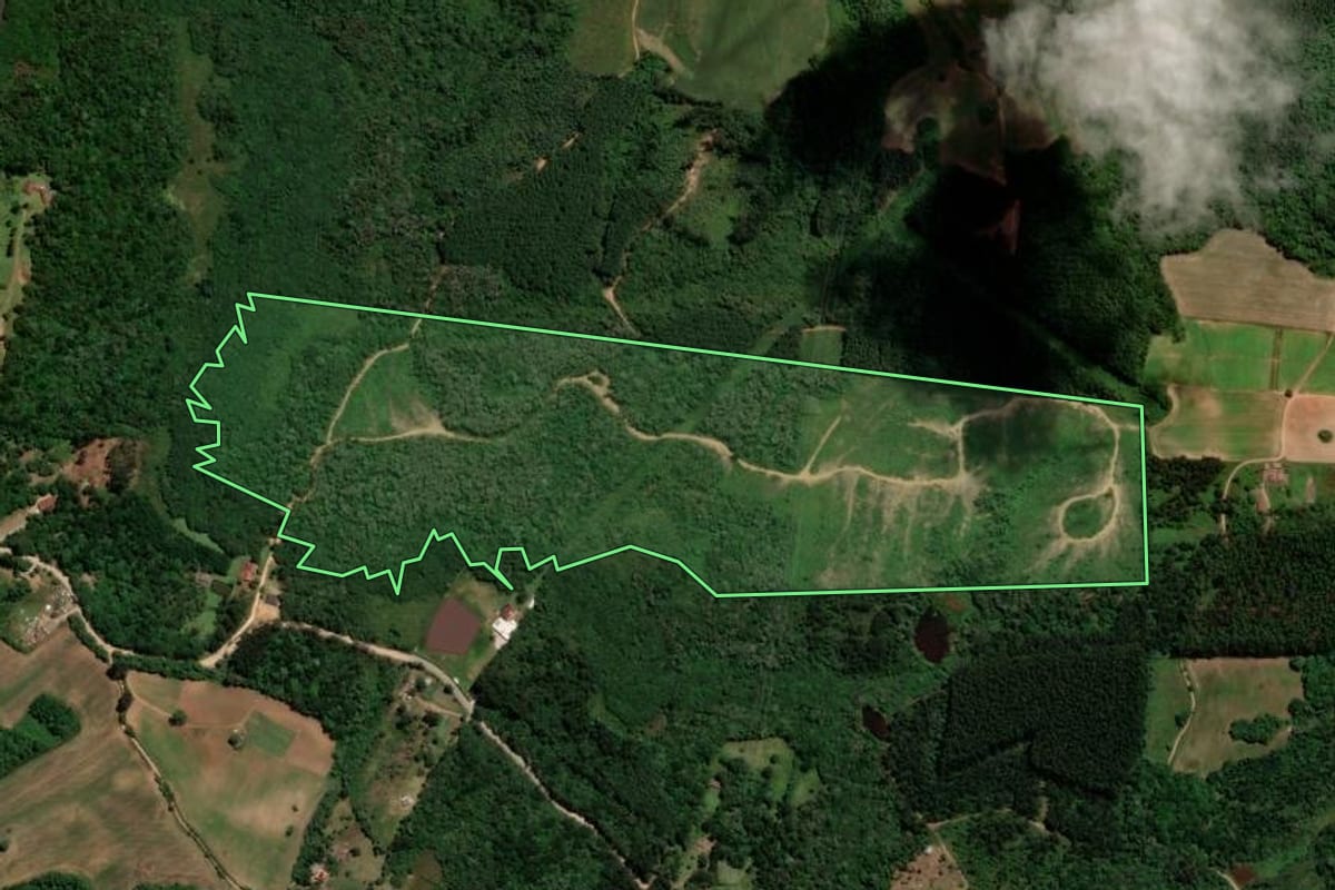 Imagem de satélite do imóvel rural em Tijucas do Sul (PR), com o contorno declarado no CAR desenhado por cima.