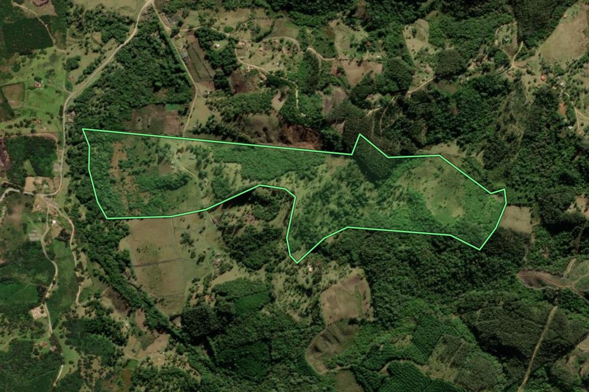 Imagem de satélite do imóvel rural em Tijucas do Sul (PR), com o contorno declarado no CAR desenhado por cima.