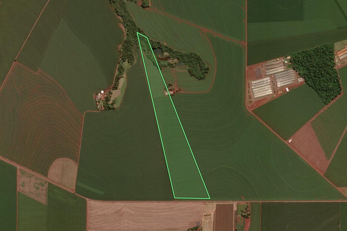 Imagem de satélite do imóvel rural em Toledo (PR), com o contorno declarado no CAR desenhado por cima.