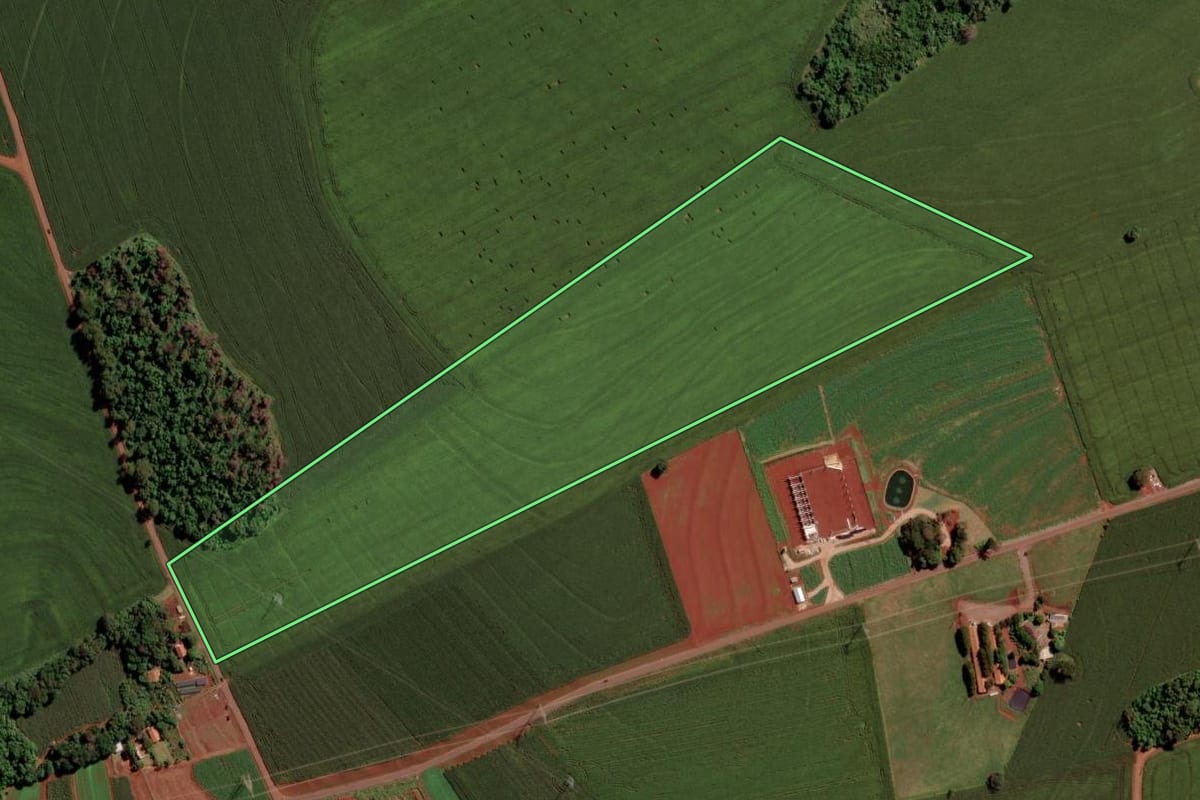 Imagem de satélite do imóvel rural em Toledo (PR), com o contorno declarado no CAR desenhado por cima.