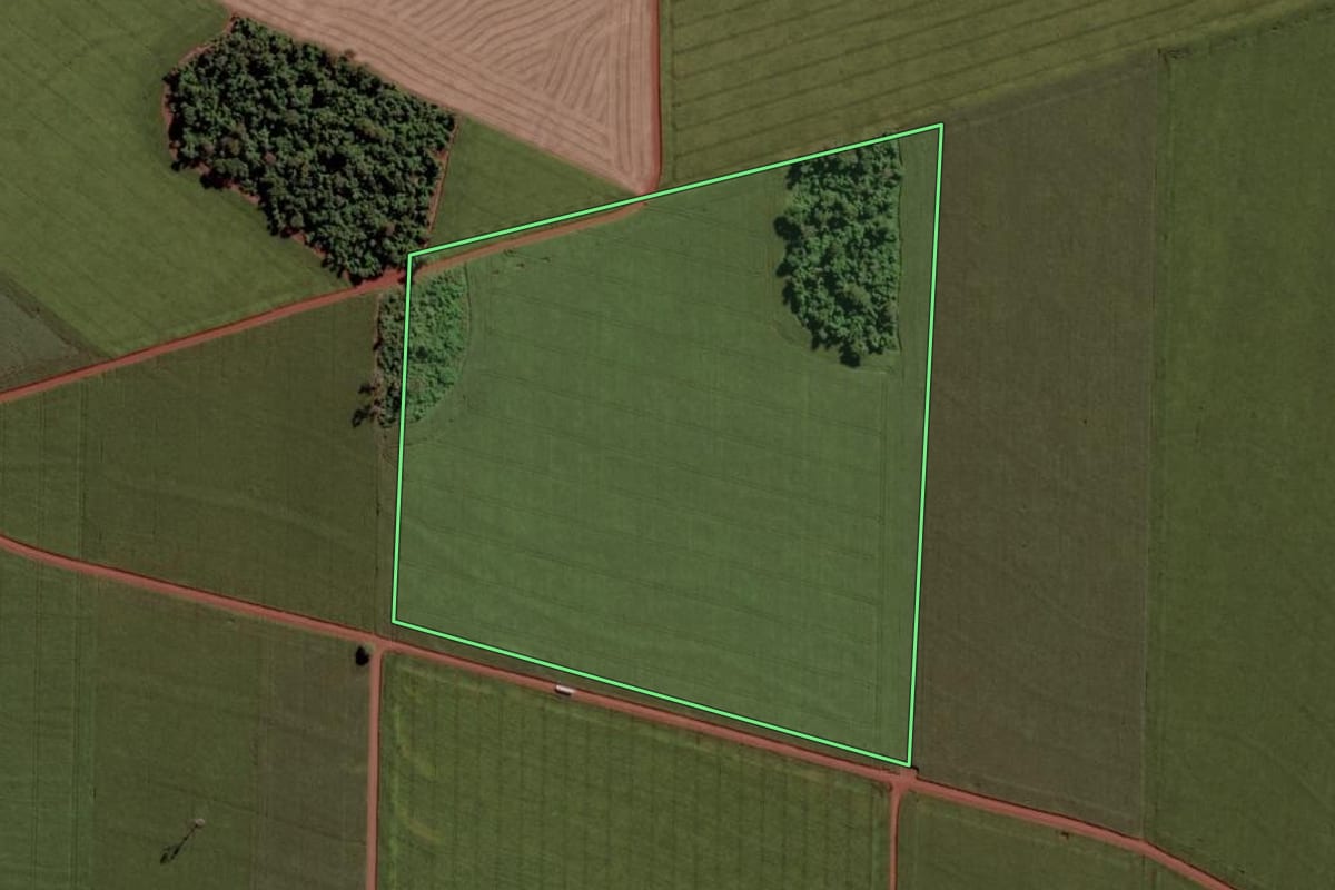 Imagem de satélite do imóvel rural em Toledo (PR), com o contorno declarado no CAR desenhado por cima.