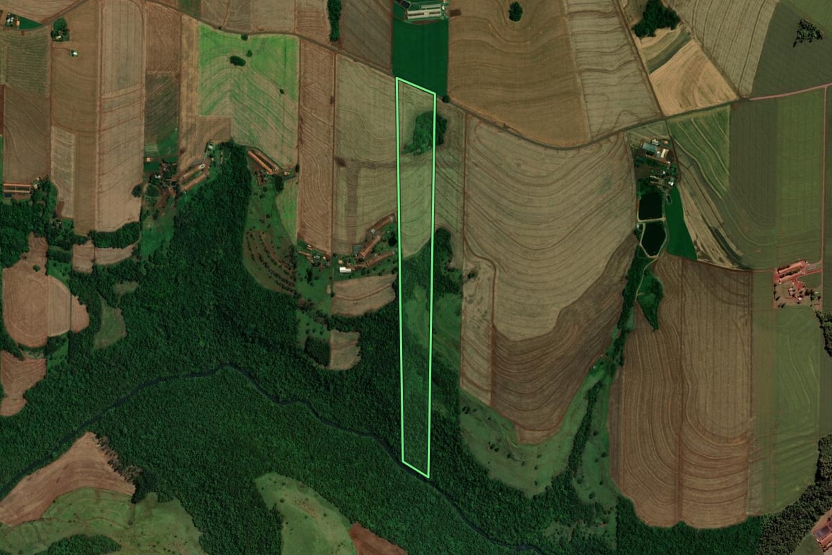 Imagem de satélite do imóvel rural em Toledo (PR), com o contorno declarado no CAR desenhado por cima.