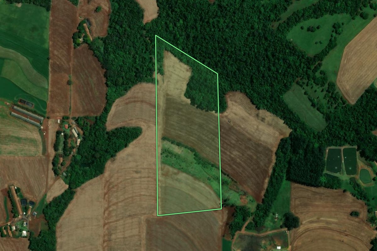 Imagem de satélite do imóvel rural em Toledo (PR), com o contorno declarado no CAR desenhado por cima.