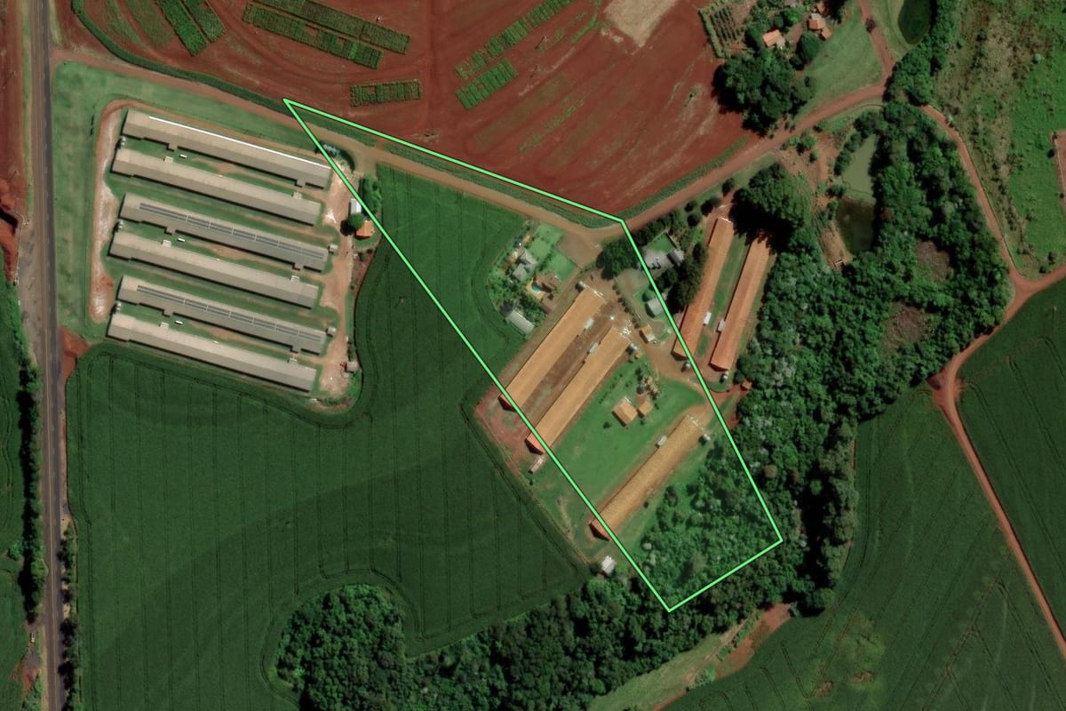 Imagem de satélite do imóvel rural em Toledo (PR), com o contorno declarado no CAR desenhado por cima.