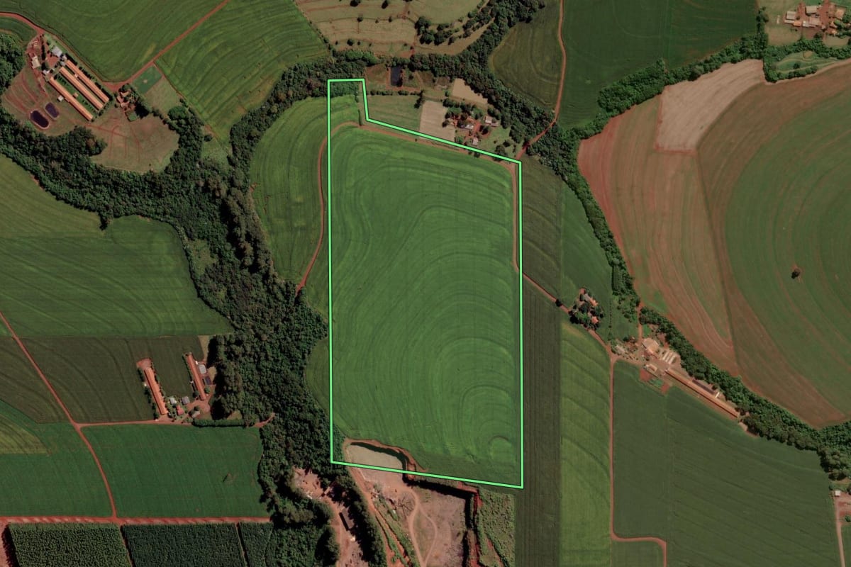 Imagem de satélite do imóvel rural em Toledo (PR), com o contorno declarado no CAR desenhado por cima.