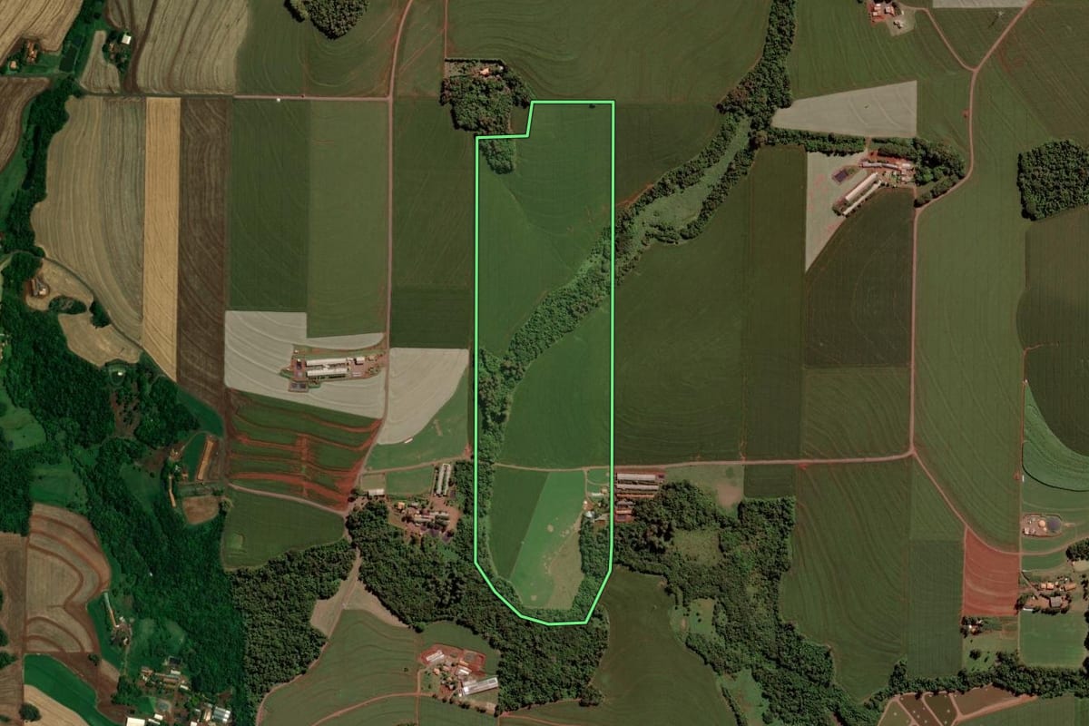 Imagem de satélite do imóvel rural em Toledo (PR), com o contorno declarado no CAR desenhado por cima.