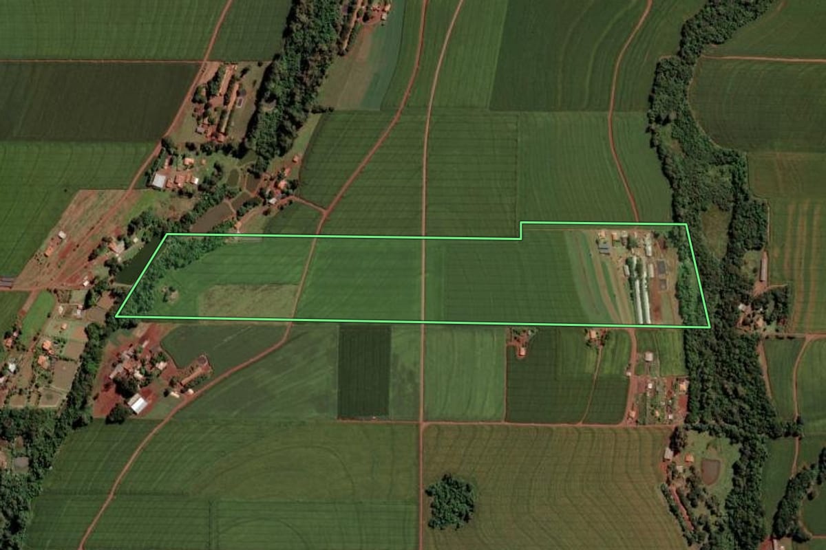 Imagem de satélite do imóvel rural em Toledo (PR), com o contorno declarado no CAR desenhado por cima.