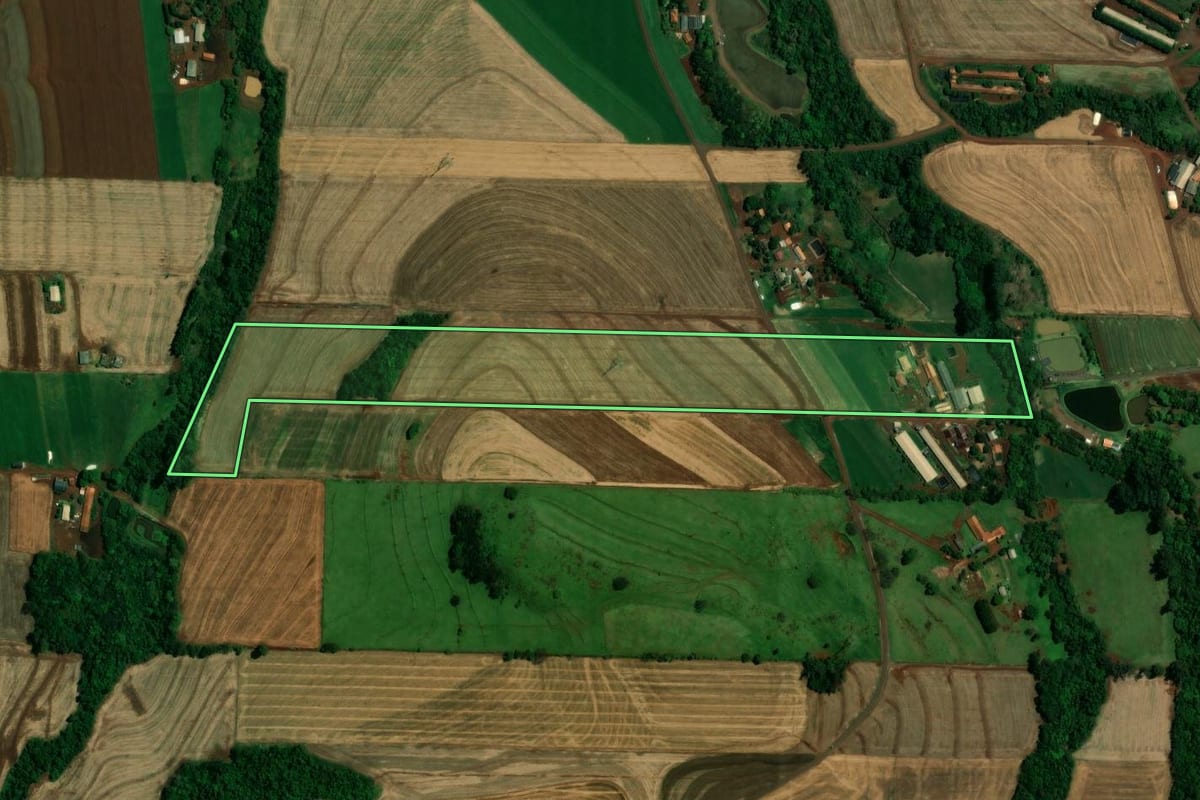 Imagem de satélite do imóvel rural em Toledo (PR), com o contorno declarado no CAR desenhado por cima.