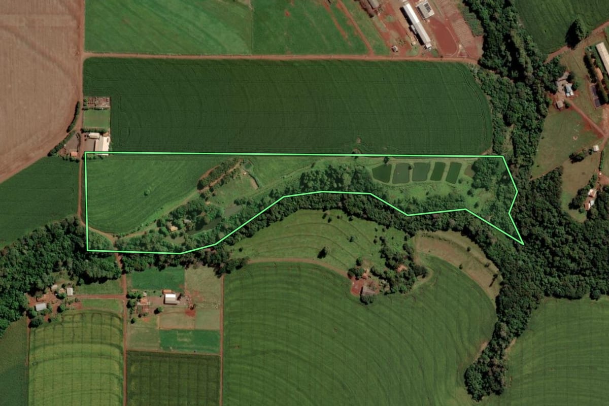Imagem de satélite do imóvel rural em Toledo (PR), com o contorno declarado no CAR desenhado por cima.