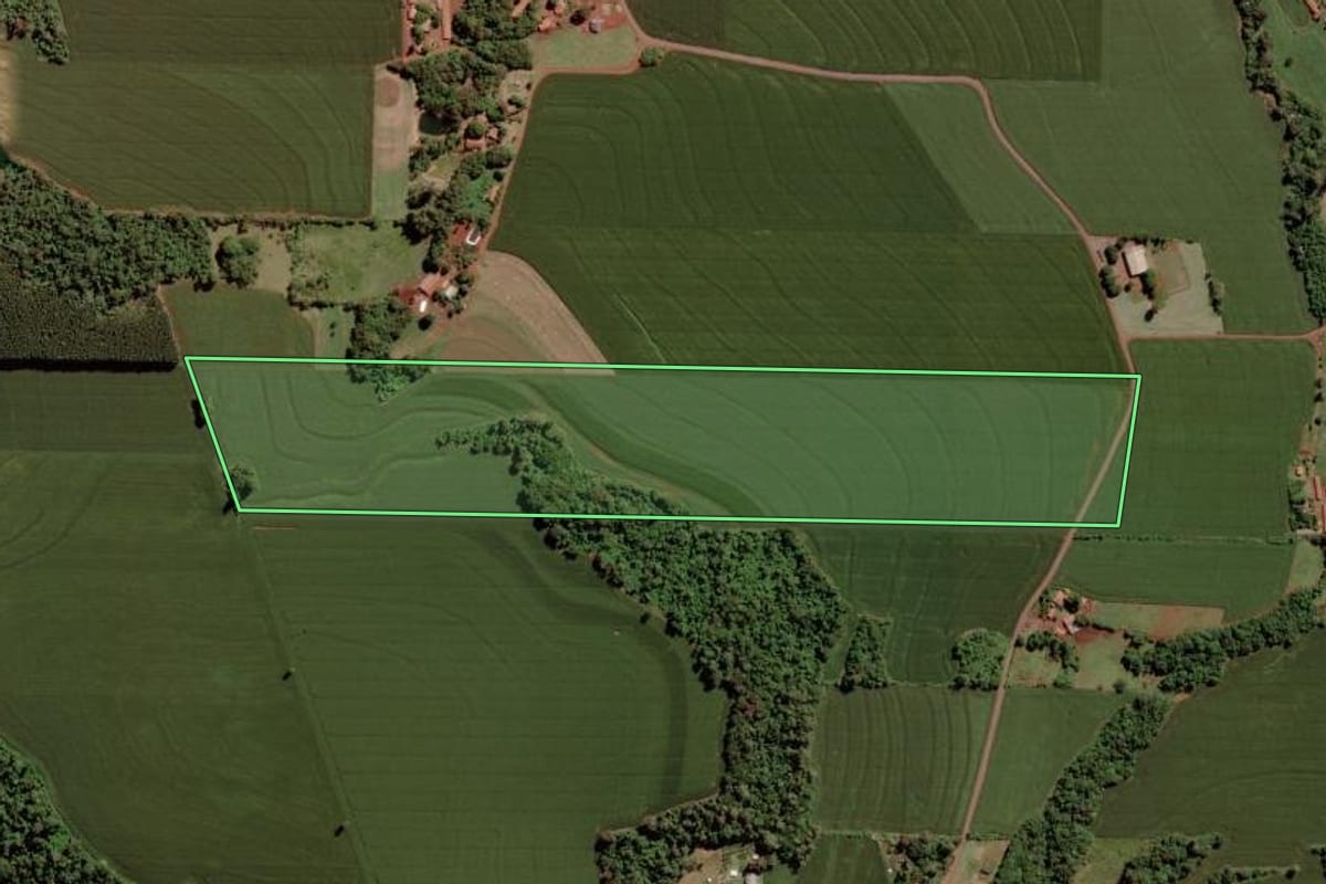 Imagem de satélite do imóvel rural em Toledo (PR), com o contorno declarado no CAR desenhado por cima.