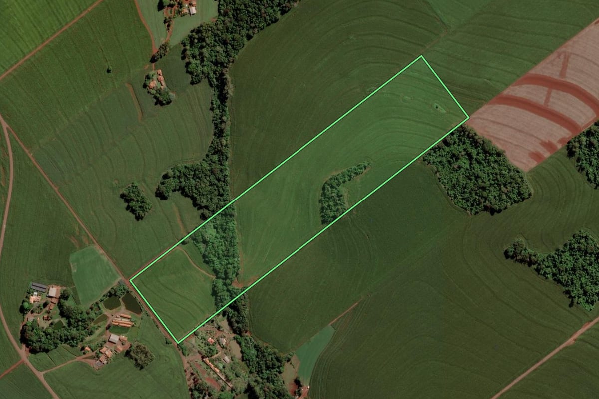 Imagem de satélite do imóvel rural em Toledo (PR), com o contorno declarado no CAR desenhado por cima.