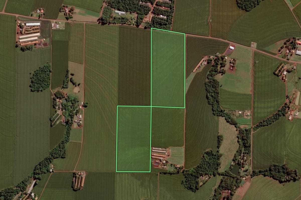 Imagem de satélite do imóvel rural em Toledo (PR), com o contorno declarado no CAR desenhado por cima.