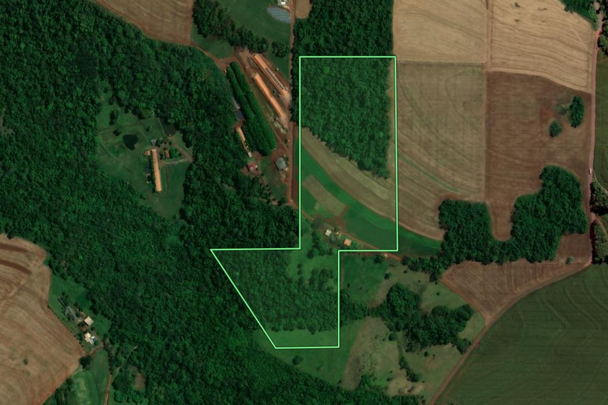 Imagem de satélite do imóvel rural em Toledo (PR), com o contorno declarado no CAR desenhado por cima.
