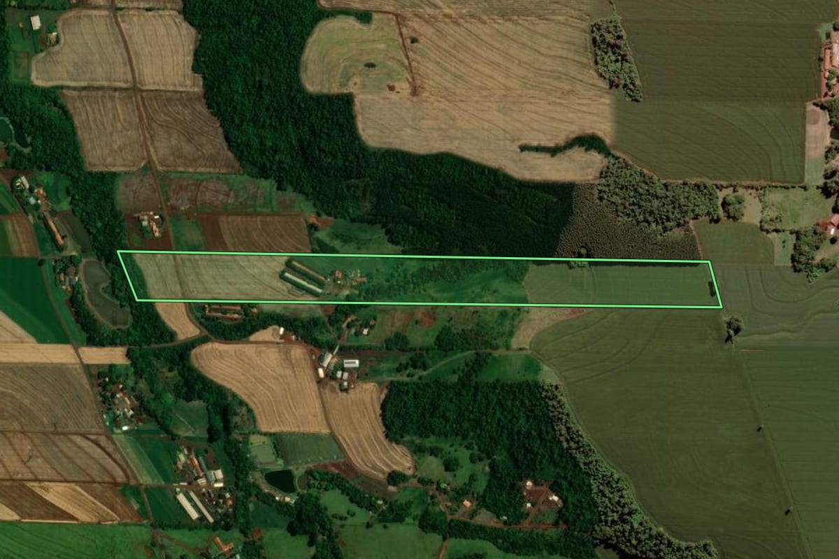 Imagem de satélite do imóvel rural em Toledo (PR), com o contorno declarado no CAR desenhado por cima.