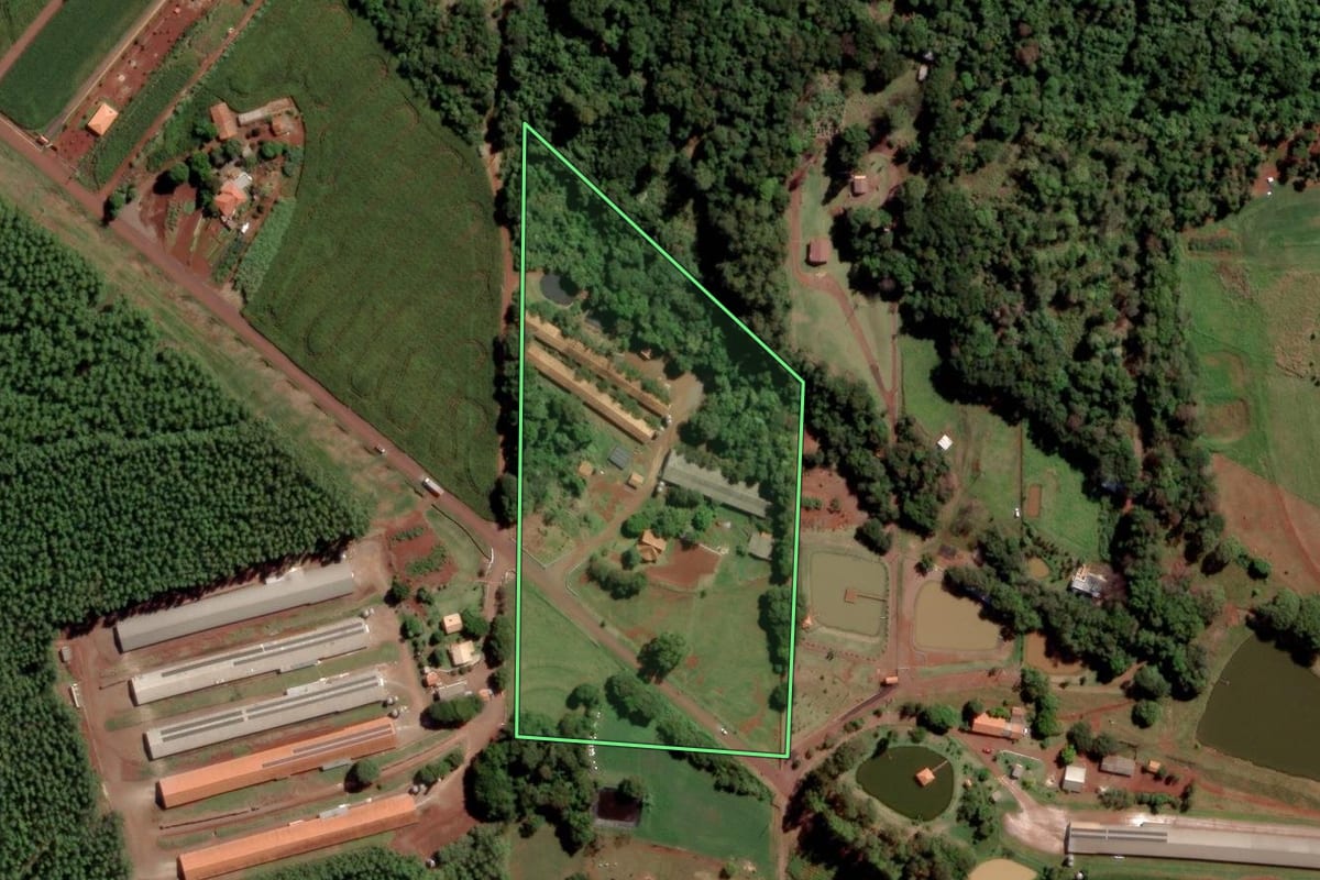 Imagem de satélite do imóvel rural em Toledo (PR), com o contorno declarado no CAR desenhado por cima.