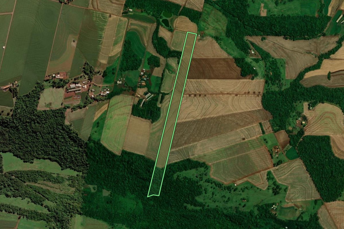 Imagem de satélite do imóvel rural em Toledo (PR), com o contorno declarado no CAR desenhado por cima.