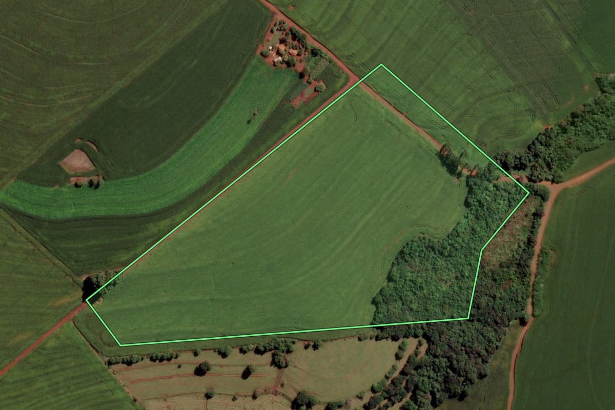 Imagem de satélite do imóvel rural em Toledo (PR), com o contorno declarado no CAR desenhado por cima.
