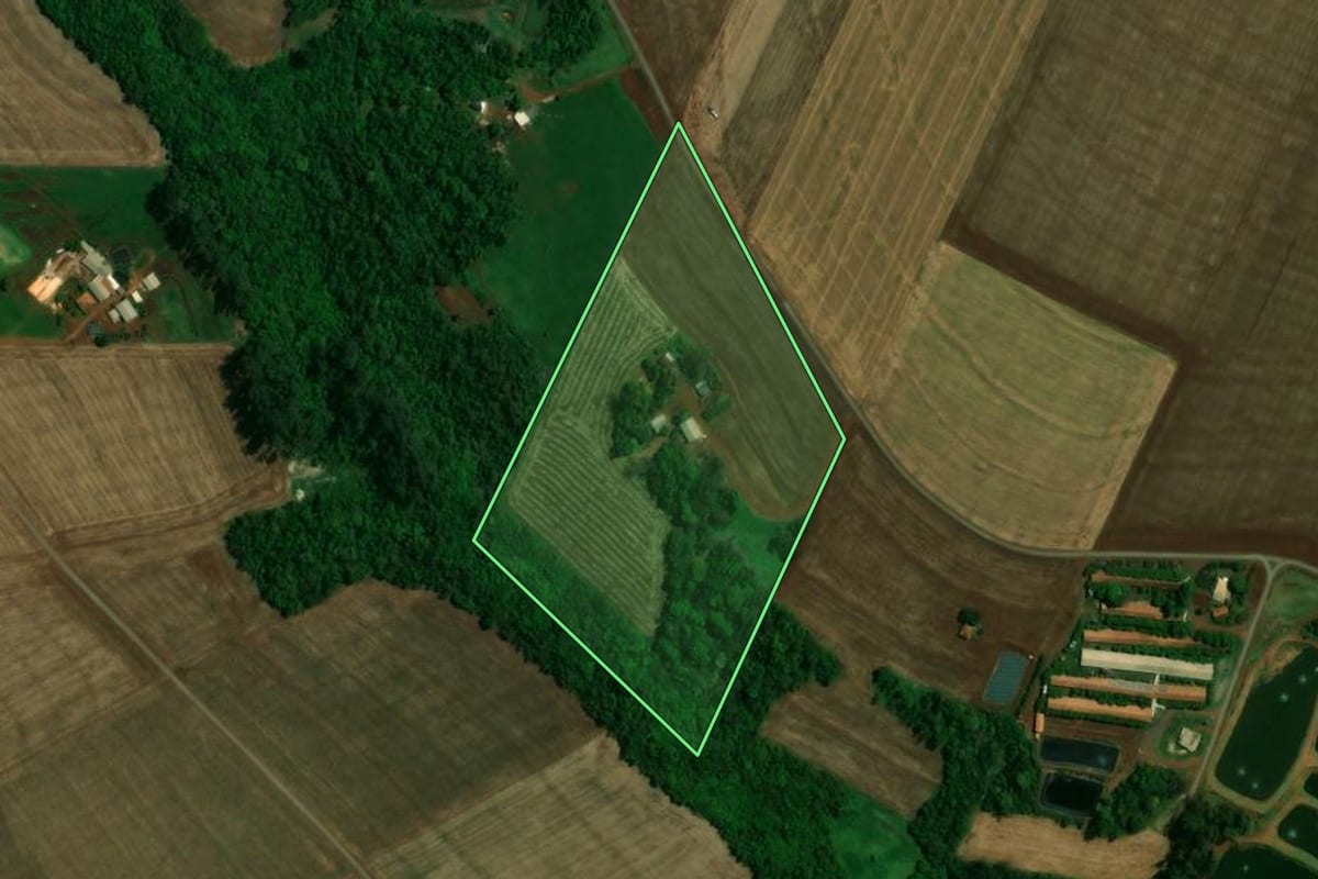 Imagem de satélite do imóvel rural em Toledo (PR), com o contorno declarado no CAR desenhado por cima.