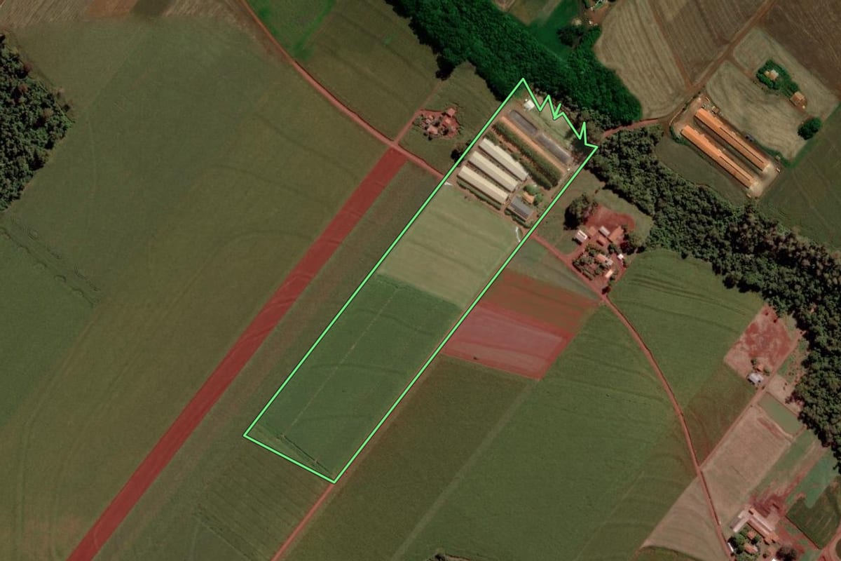 Imagem de satélite do imóvel rural em Toledo (PR), com o contorno declarado no CAR desenhado por cima.