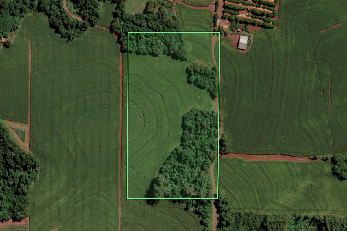 Imagem de satélite do imóvel rural em Toledo (PR), com o contorno declarado no CAR desenhado por cima.