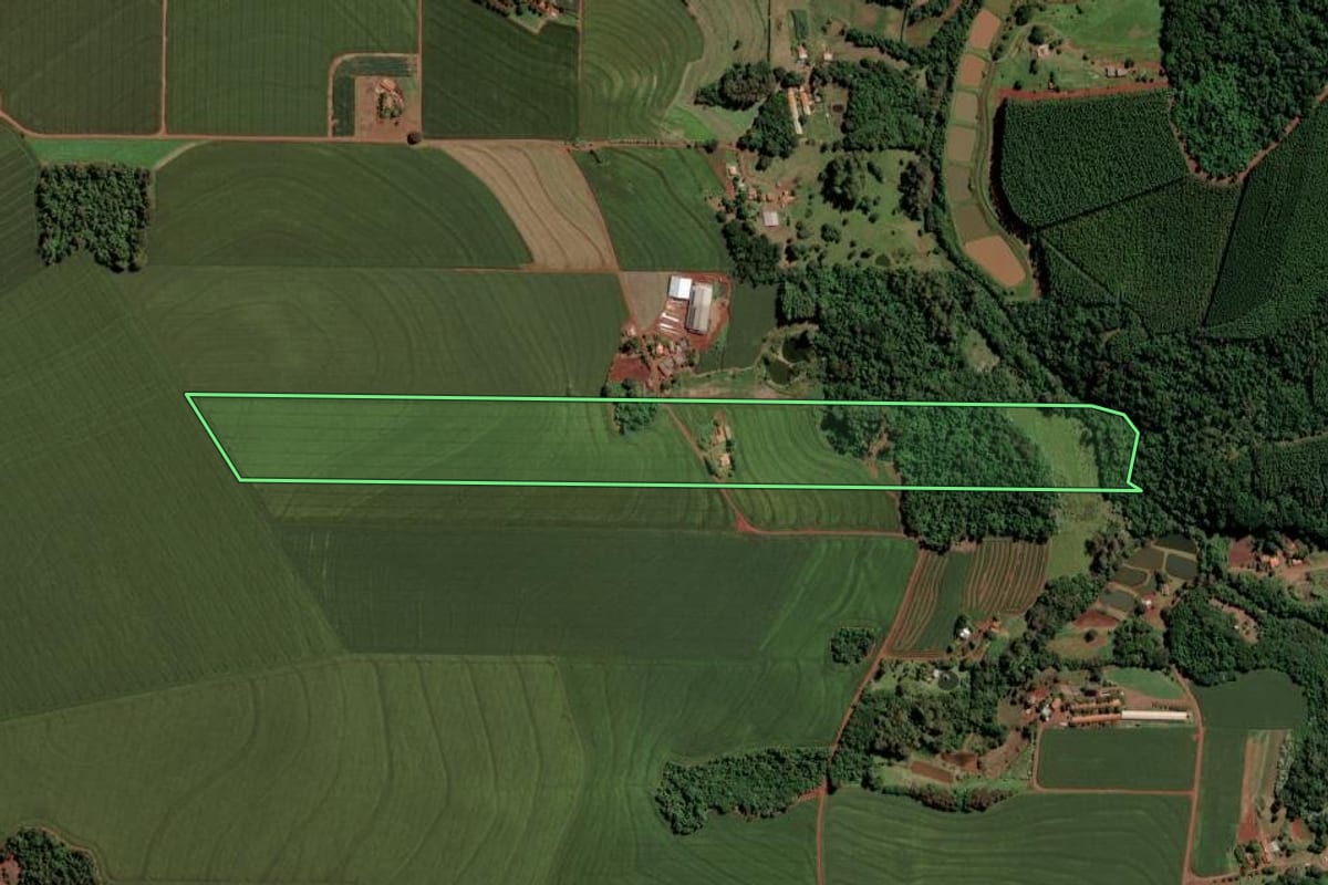 Imagem de satélite do imóvel rural em Toledo (PR), com o contorno declarado no CAR desenhado por cima.