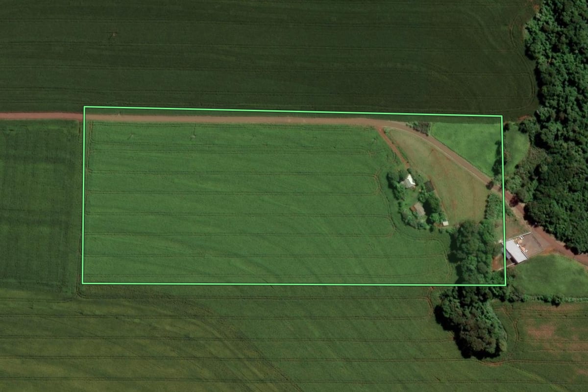 Imagem de satélite do imóvel rural em Toledo (PR), com o contorno declarado no CAR desenhado por cima.