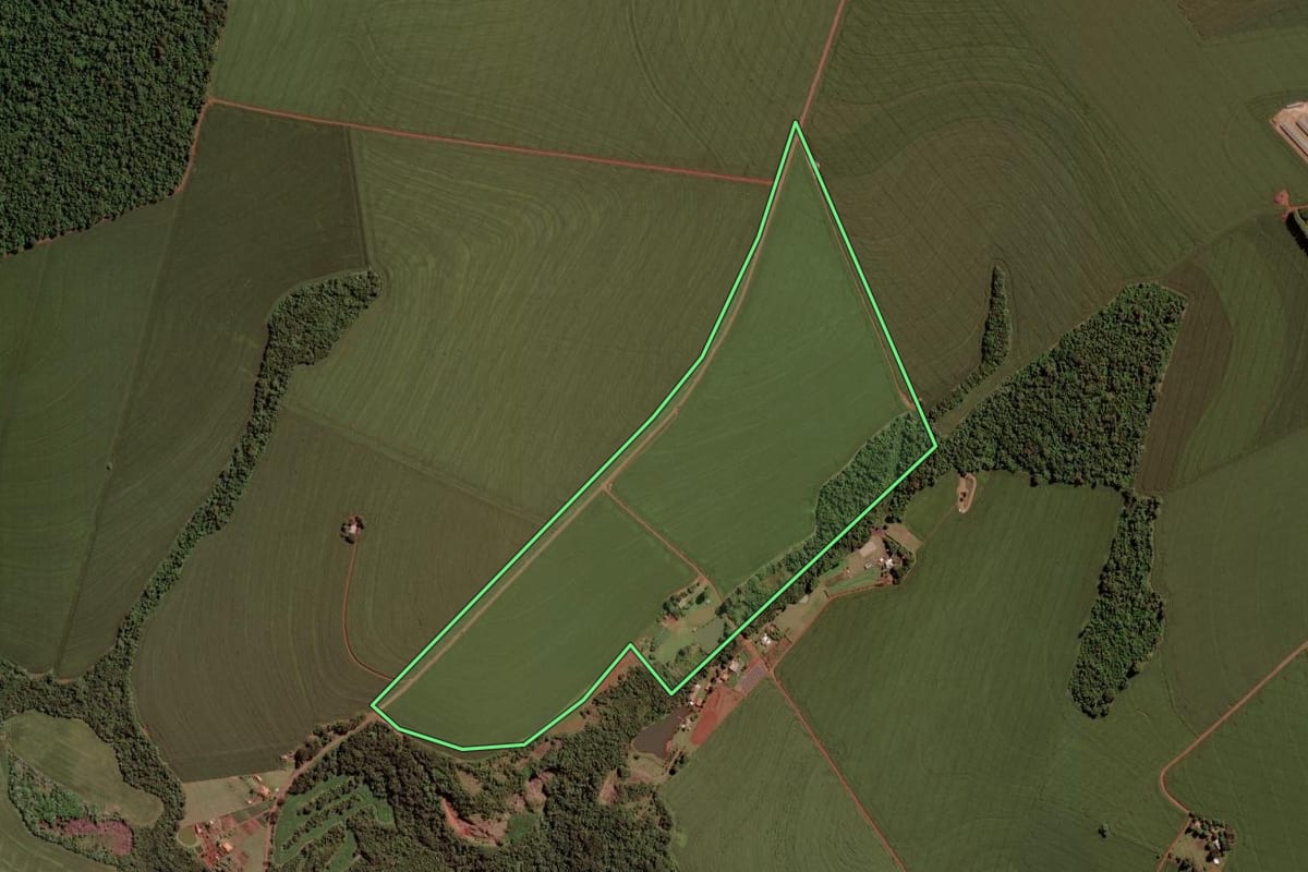 Imagem de satélite do imóvel rural em Toledo (PR), com o contorno declarado no CAR desenhado por cima.